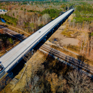 Aerial view of portion of bridge over CSX Railroad