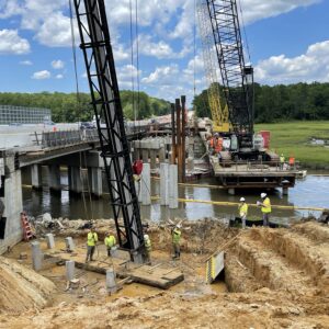 Driving WBL battered abutment piles.